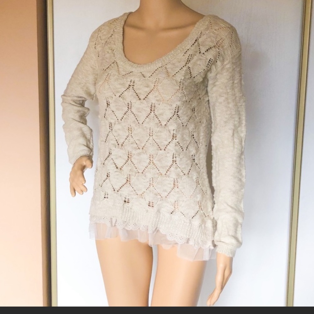 American Rag beige sweater with ruffle hem. Size XXS